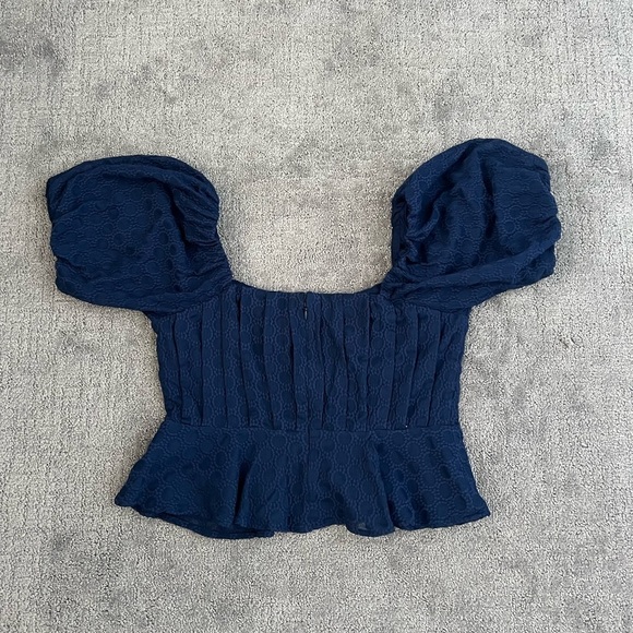 Express Puff Sleeve Blue Square Neck Peplum Top - Picture 4 of 4